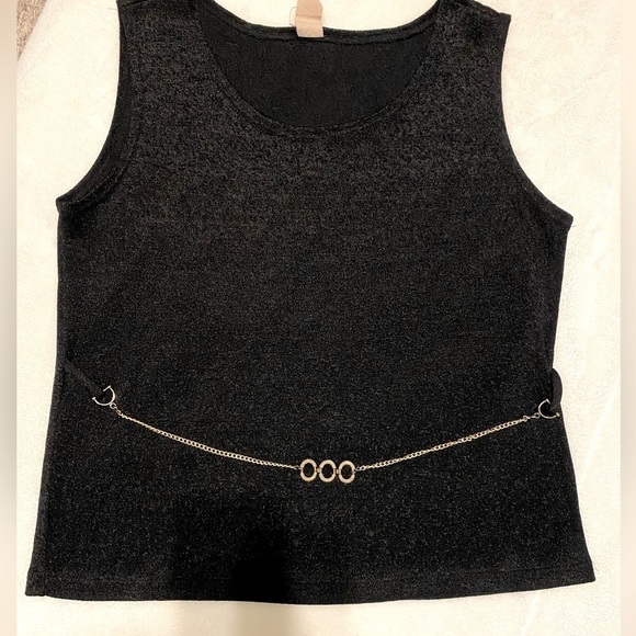 Tops - BLACK sleeveless vintage 80s blouse with attached gold belt, old school glam